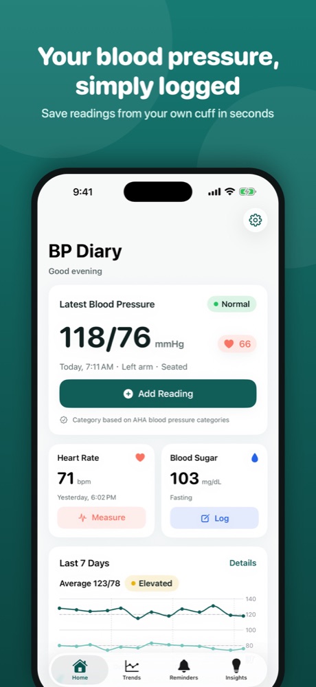 BP Diary home screen with the latest blood pressure reading