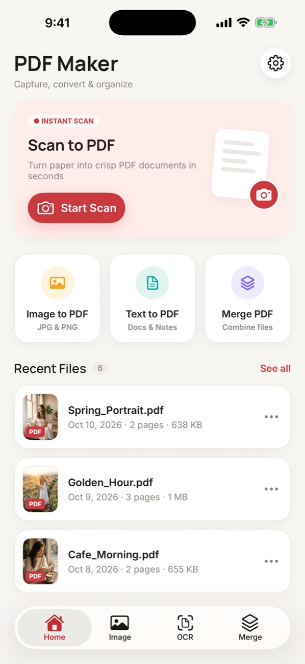 Home screen with scan and tools