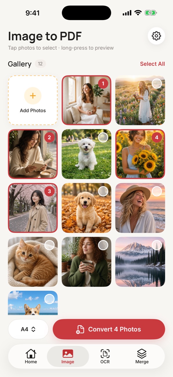Selecting photos to convert to PDF