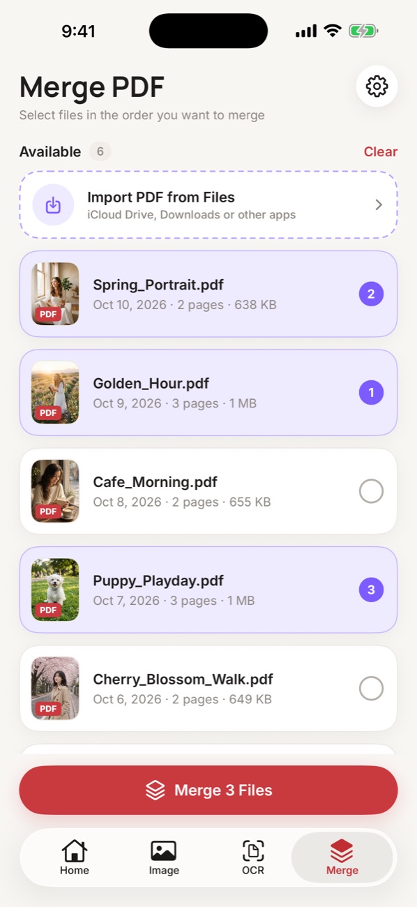 Choosing PDFs to merge in order