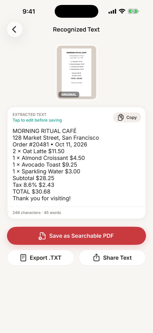 Text recognized from a receipt