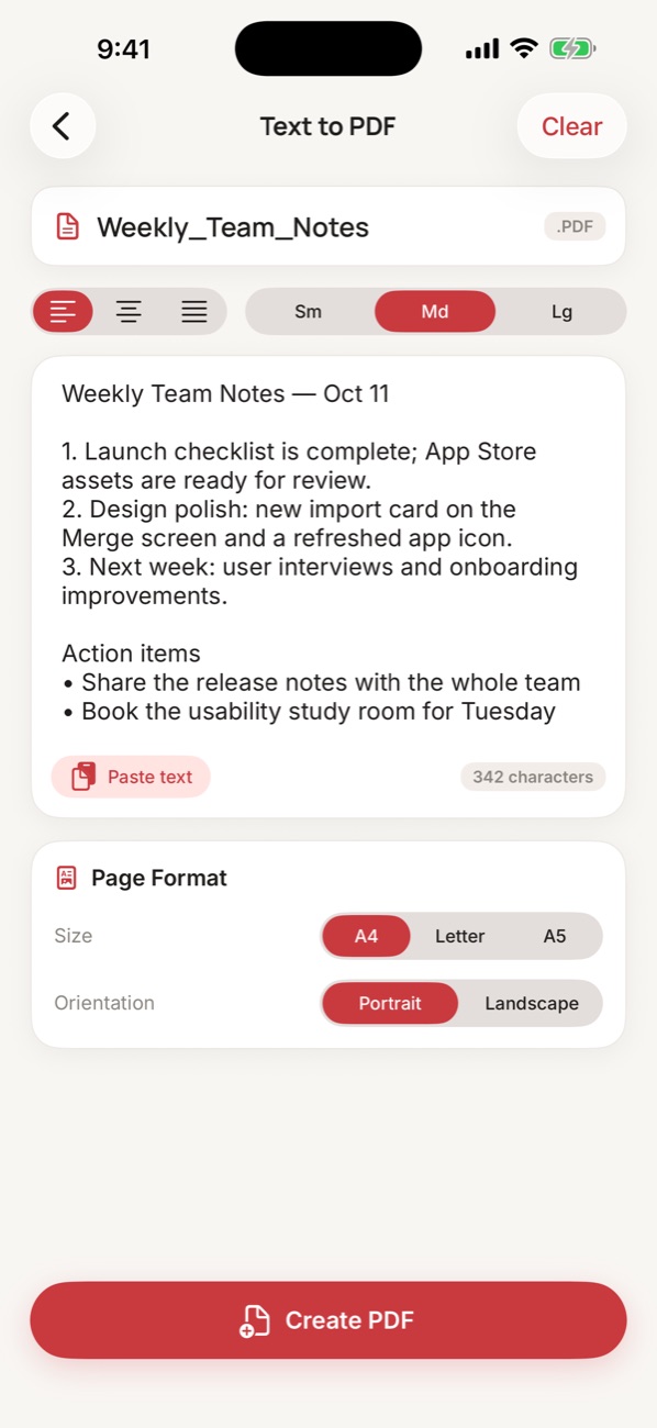 Writing text to turn into a PDF